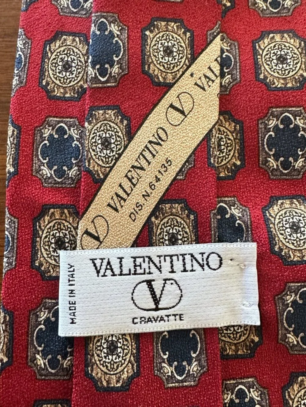 Valentino Garavani Red Navy Gold Geometric Medallion Tie